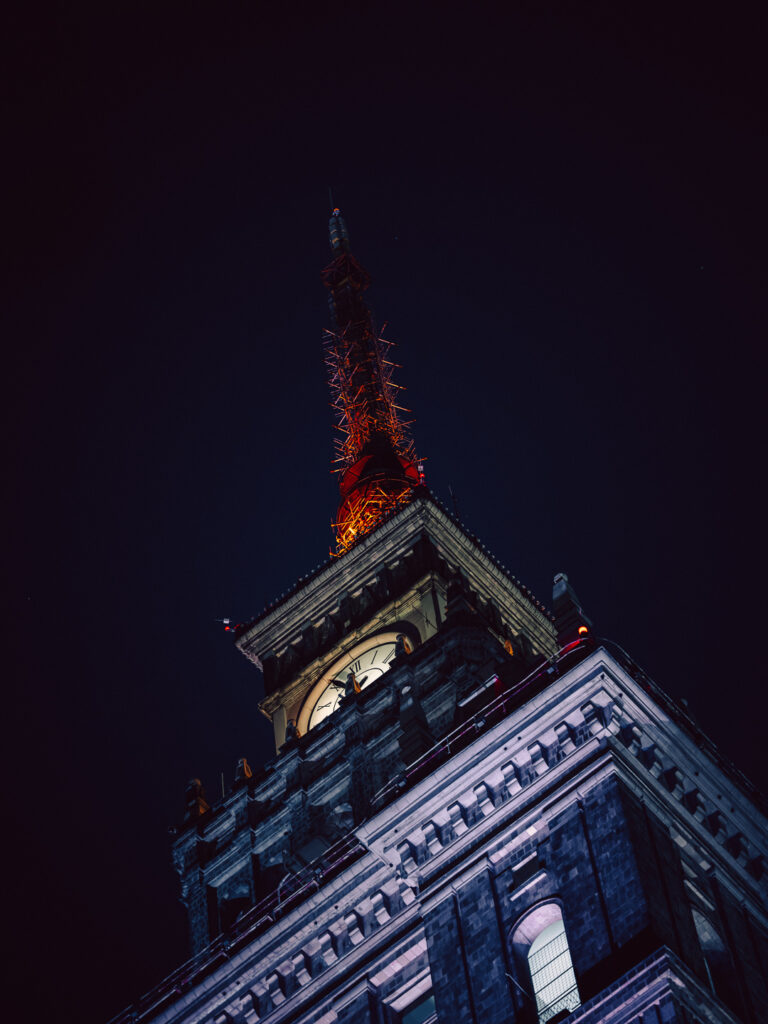 A photo of a Palace of Culture and Science taken from the bottom with Sigma 135mm f/1.4.