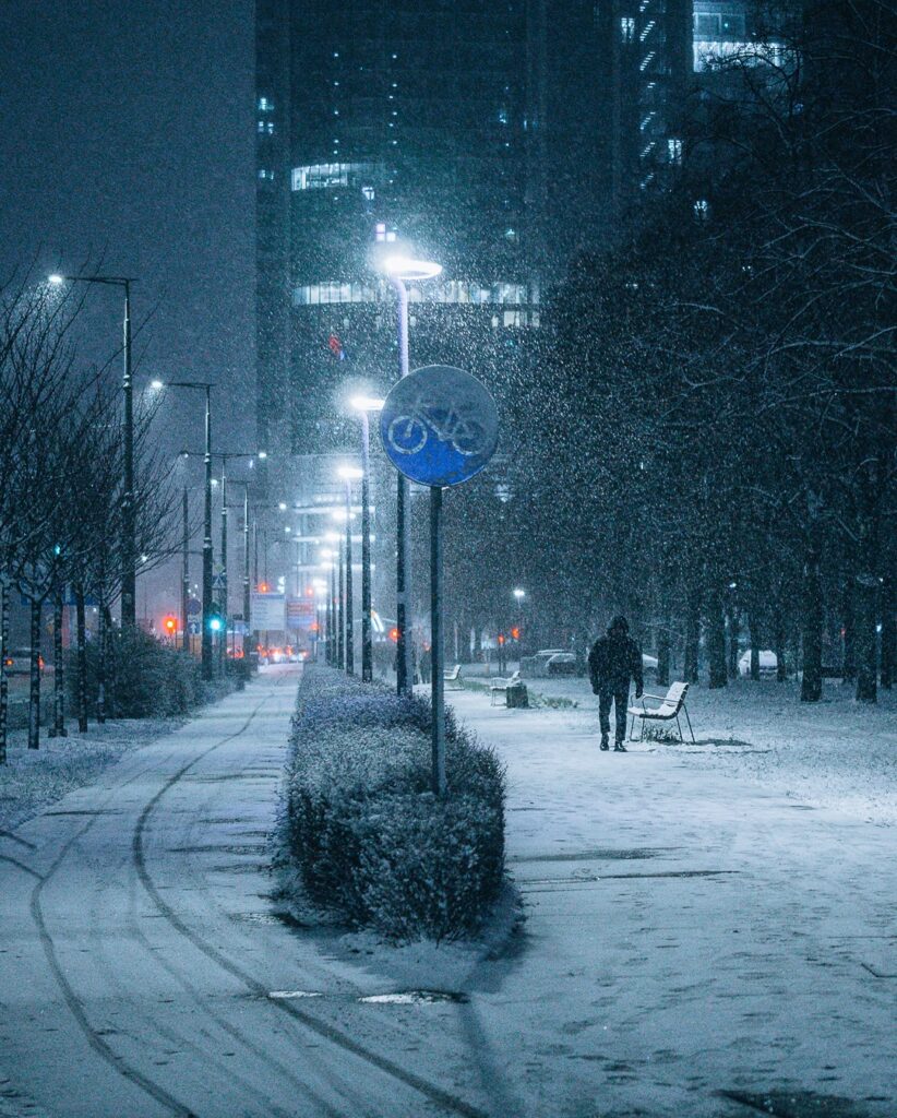 A dark silhouette during long winter night. 
