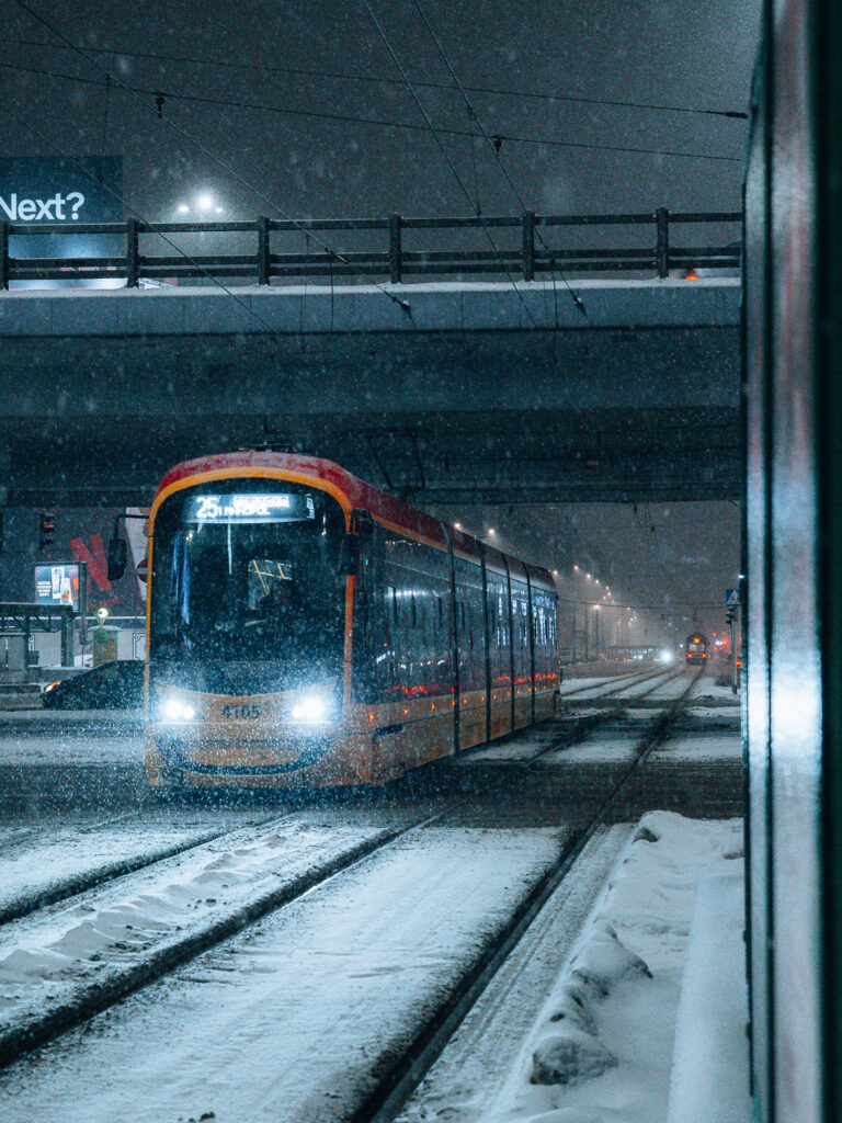 Warsaw tram night snowy photography.