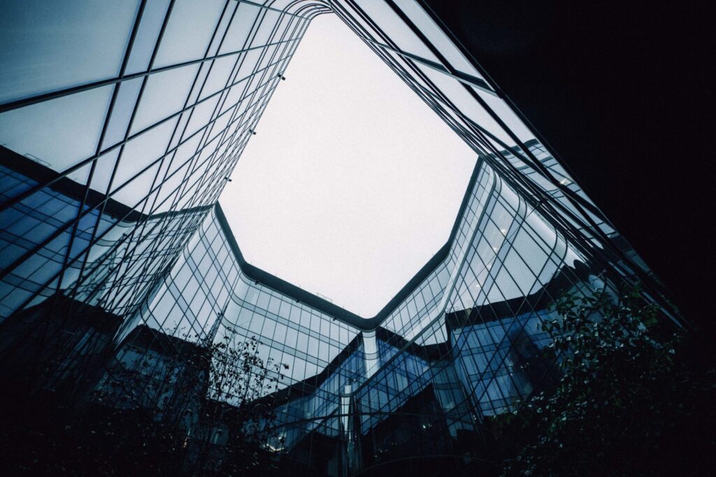 An ultra-wide photo of an office area somewhere in Warsaw, Poland.