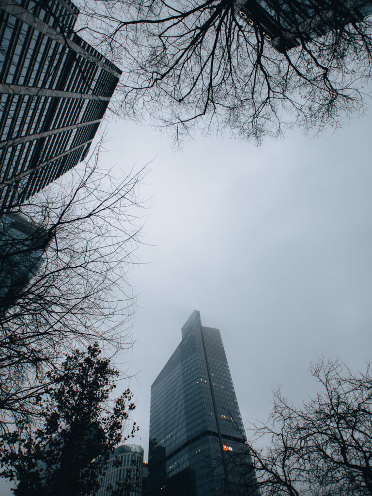 A classic lookup shot with skyscrapers and trees.