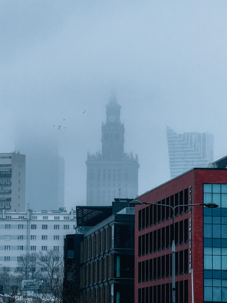 Moody Warsaw panorama with the Palace of Culture and Science in the back.