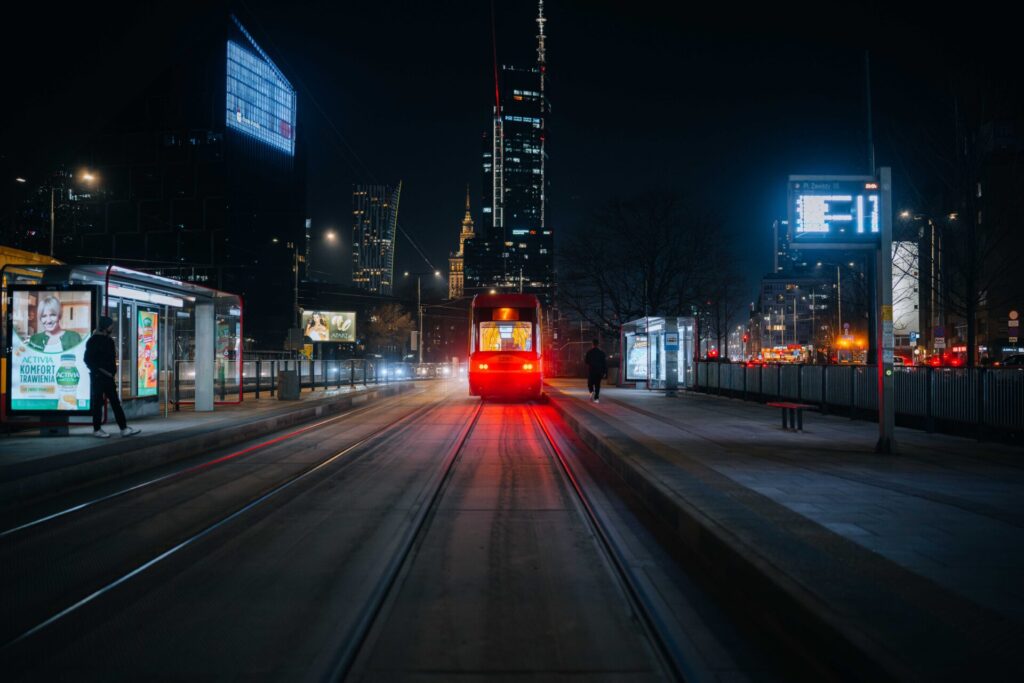 A wide shot of a tram.