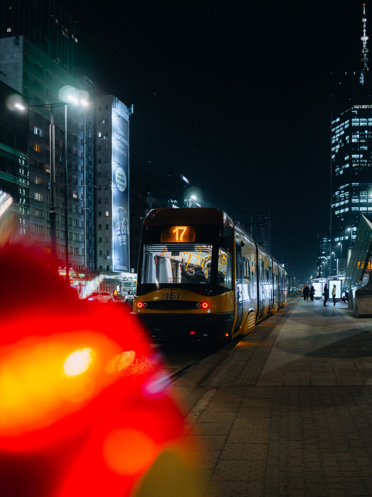 A tram shot taken from the back with a wait sign in the foreground. Sigma 15mm F1.4 DC was used here.