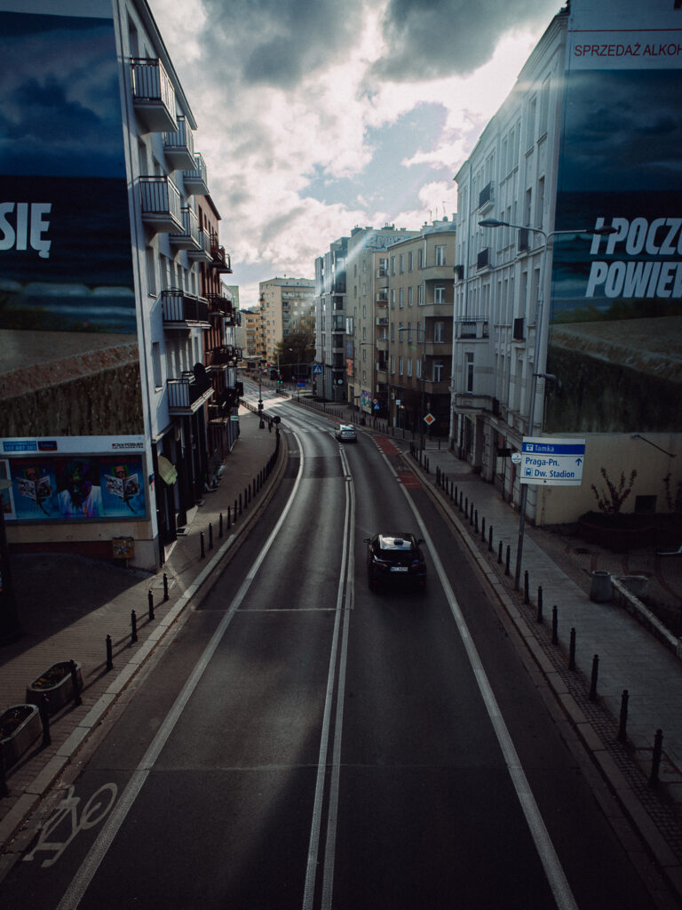 A top down view from the footbridge in Warsaw. This is Tamka street.