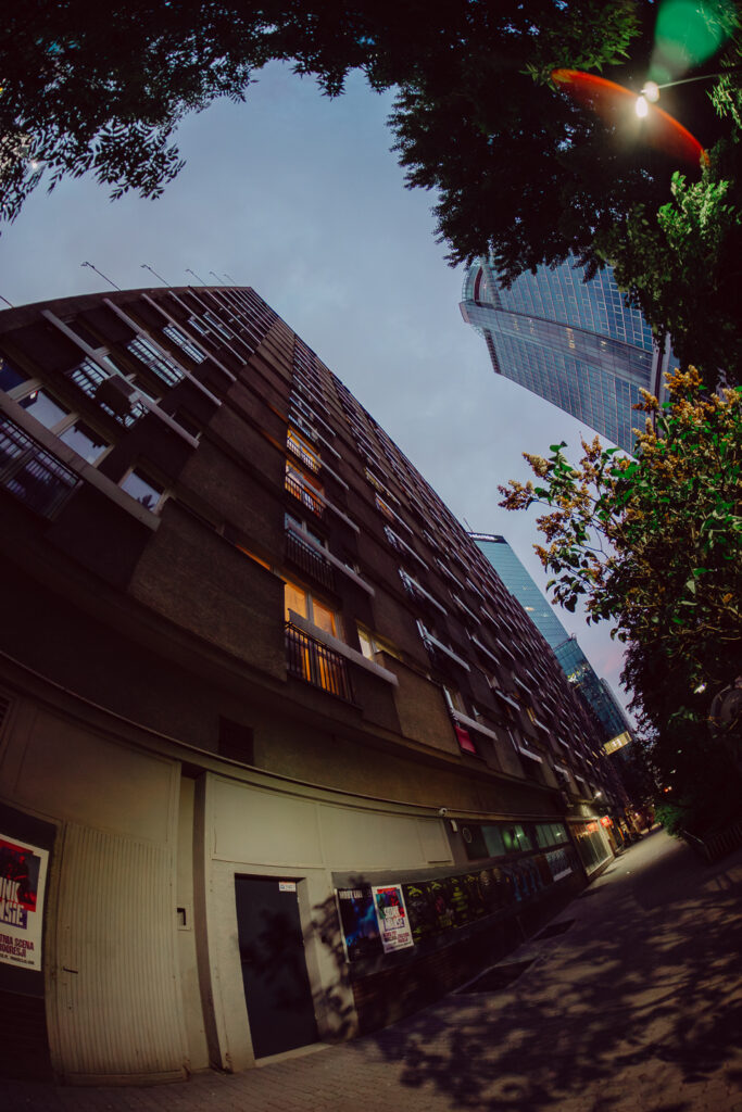 An older building taken from the bottom.